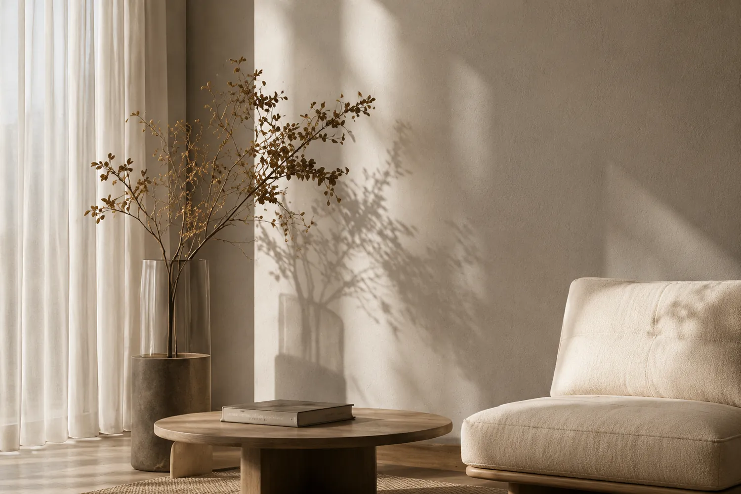 Lyst interiør med stol, bord og tørkede blomster